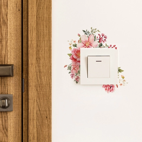 Watercolor Pink Flower Green Plant PVC Switch Wall Sticker Removable Decorative Floral Wall Decal For Bedroom Living Room