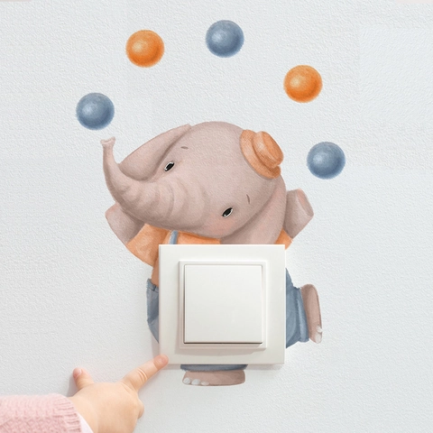 Cartoon Elephant Circus Juggling Ball Switch Wall Sticker PVC Removable Home Decor For Kids Room Bedroom Living Room