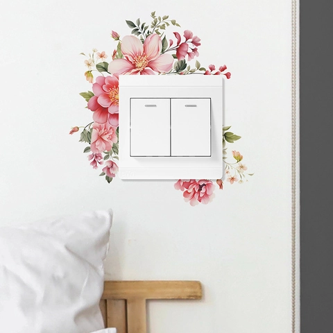 Watercolor Pink Flower Green Plant PVC Switch Wall Sticker Removable Decorative Floral Wall Decal For Bedroom Living Room