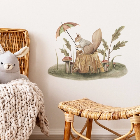 Pegatina de Pared de Ardilla del Bosque de Dibujos Animados con Paraguas PVC Champiñón Hoja de Roble Decoración para Niños