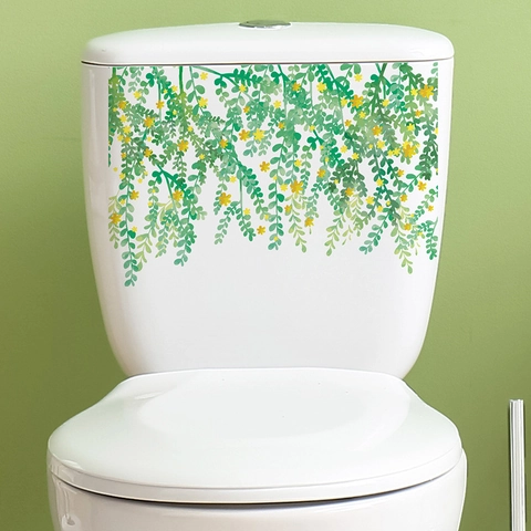 Pegatina para Inodoro de Vides de Plantas Verdes y Flores Amarillas PVC Impermeabile Pegatina de Pared de Baño Decorativa Removible