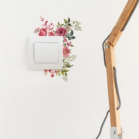 Adesivo per Interruttore della Luce con Fiori Rosa e Foglie Verdi Decalcomania da Parete Autoadesiva in PVC per Soggiorno Camera da Letto Decorazione Domestica Motivo Artistico Floreale