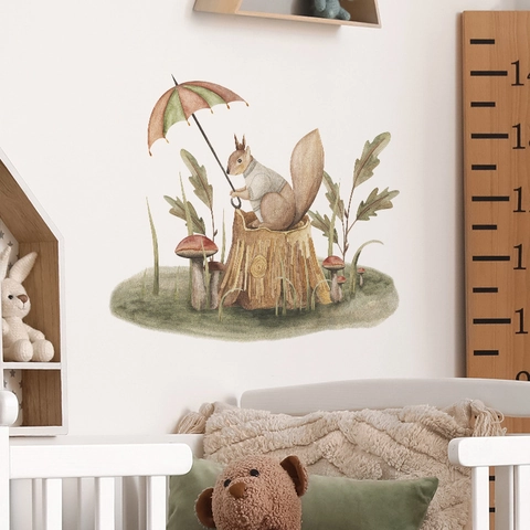 Pegatina de Pared de Ardilla del Bosque de Dibujos Animados con Paraguas PVC Champiñón Hoja de Roble Decoración para Niños