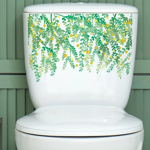 Pegatina para Inodoro de Vides de Plantas Verdes y Flores Amarillas PVC Impermeabile Pegatina de Pared de Baño Decorativa Removible