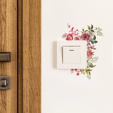 Adesivo per Interruttore della Luce con Fiori Rosa e Foglie Verdi Decalcomania da Parete Autoadesiva in PVC per Soggiorno Camera da Letto Decorazione Domestica Motivo Artistico Floreale