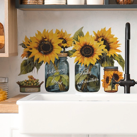 Zonnebloem PVC Muurstickers Blauwe Pot Druif Patroon Waterdicht Verwijderbaar Zelfklevend Voor Keuken Woonkamer Home Decor