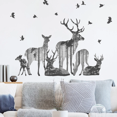 Pegatinas de Pared Modernas Silueta de Ciervo del Bosque PVC Autoadhesivo Calcomanías de Pared Ciervo y Pájaros para Sala de Estar Dormitorio