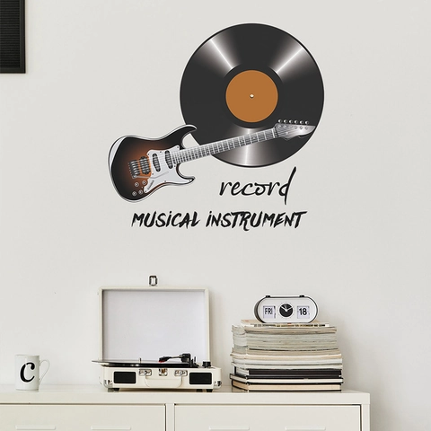 Music Vinyl Record Guitar Wall Sticker Creative Musical Instrument PVC Decal For Bedroom Living Room Home Aesthetic Decoration