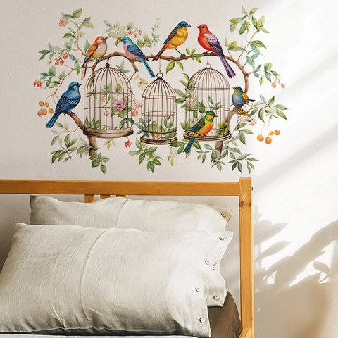 Chinese Style Watercolor Branches Birdcage Wall Sticker For Bedroom Living Room Removable PVC Birds Tree Branches Wall Decals Home Background Decoration