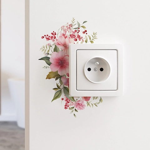 Pink Flower Green Leaves Switch Sticker PVC Self Adhesive Socket Wall Decal For Living Room Bedroom Home Decor