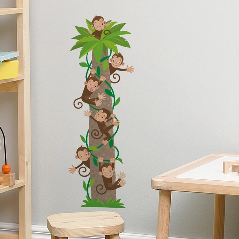 Cartoon Monkey Climbing Palm Tree Wall Stickers For Kids Bedroom Nursery Home Decor PVC DIY Forest Animal Wall Decals