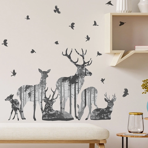 Pegatinas de Pared Modernas Silueta de Ciervo del Bosque PVC Autoadhesivo Calcomanías de Pared Ciervo y Pájaros para Sala de Estar Dormitorio