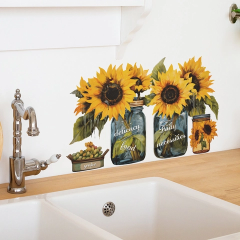 Zonnebloem PVC Muurstickers Blauwe Pot Druif Patroon Waterdicht Verwijderbaar Zelfklevend Voor Keuken Woonkamer Home Decor