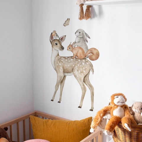 Watercolor Forest Animal Wall Stickers PVC Deer Rabbit Squirrel Bird Butterfly Kids Room Kindergarten Decoration Wall Decal