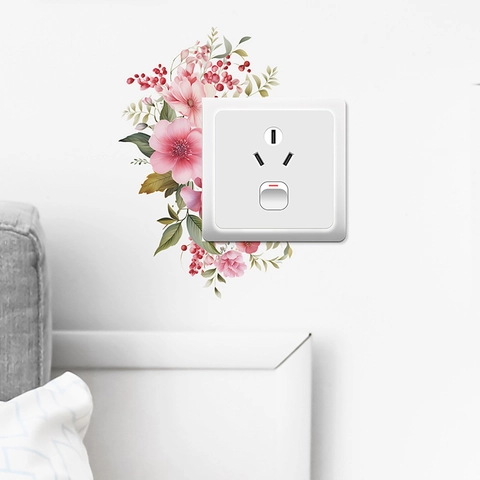 Pink Flower Green Leaves Switch Sticker PVC Self Adhesive Socket Wall Decal For Living Room Bedroom Home Decor