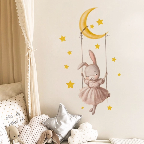 Cartoon Hase Mond Sterne Wandtattoo Aquarell Handgezeichneter Stil PVC Dekorativer Wandaufkleber Für Kinderzimmer
