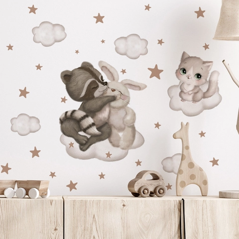 Cartoon Vos Konijn Ster Wolk Muursticker Voor Kinderkamer Kleuterschool Decoratie PVC Bedrukt Dier Muurschildering