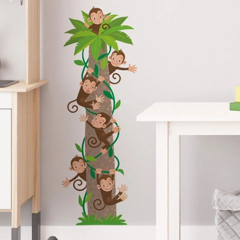 Cartoon Monkey Climbing Palm Tree Wall Stickers For Kids Bedroom Nursery Home Decor PVC DIY Forest Animal Wall Decals