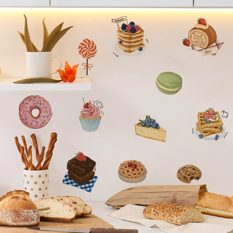 Dessert Theme Wall Stickers Watercolor Cupcake Donut PVC Decorative Decals For Kitchen Dining Room Fridge Wall Decor