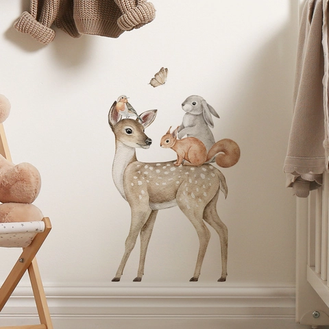 Watercolor Forest Animal Wall Stickers PVC Deer Rabbit Squirrel Bird Butterfly Kids Room Kindergarten Decoration Wall Decal