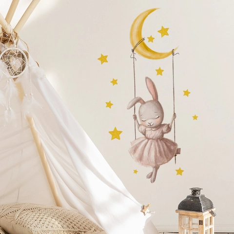 Cartoon Hase Mond Sterne Wandtattoo Aquarell Handgezeichneter Stil PVC Dekorativer Wandaufkleber Für Kinderzimmer