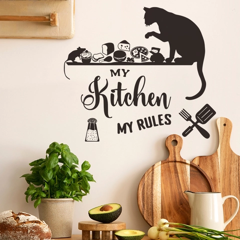 My Kitchen My Rules Wall Sticker Cute Black Cat Food Silhouette Removable PVC Waterproof Kitchen Dining Room Wall Decal