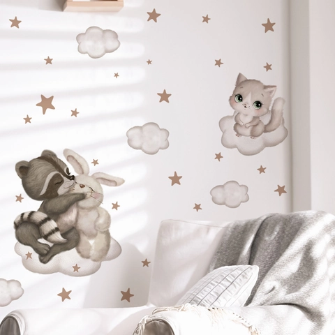 Cartoon Vos Konijn Ster Wolk Muursticker Voor Kinderkamer Kleuterschool Decoratie PVC Bedrukt Dier Muurschildering