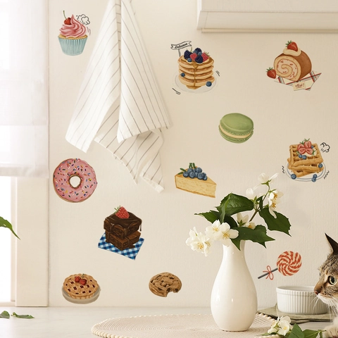 Dessert Theme Wall Stickers Watercolor Cupcake Donut PVC Decorative Decals For Kitchen Dining Room Fridge Wall Decor