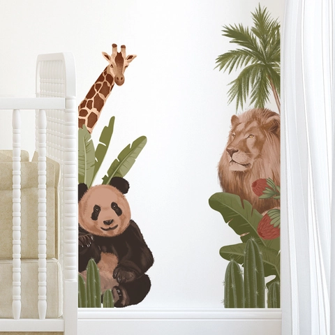 Cartoon Animal Jungle Wall Stickers Lion Panda Giraffe Tropical Palm Tree Cactus PVC Decals For Kids Room Nursery Wall Decor