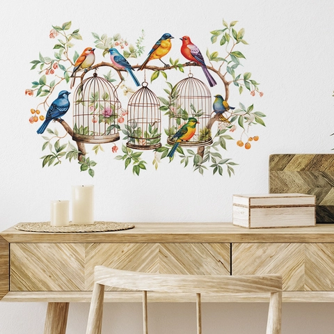 Chinese Style Watercolor Branches Birdcage Wall Sticker For Bedroom Living Room Removable PVC Birds Tree Branches Wall Decals Home Background Decoration