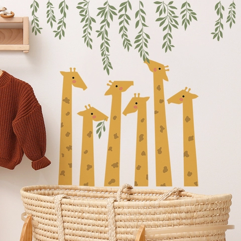 Pegatinas de Pared de Jirafa de Dibujos Animados y Hojas Verdes Para Decoración de Dormitorio Infantil PVC