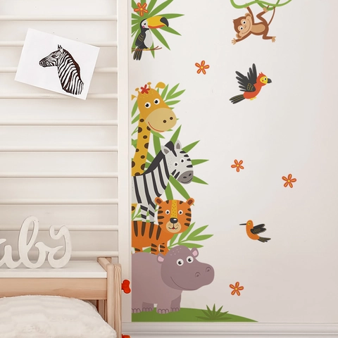 Cartoon Jungle Animals Wall Stickers PVC Giraffe Zebra Tiger Removable Decals For Kids Room Nursery Background Decoration