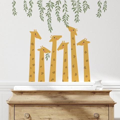 Pegatinas de Pared de Jirafa de Dibujos Animados y Hojas Verdes Para Decoración de Dormitorio Infantil PVC