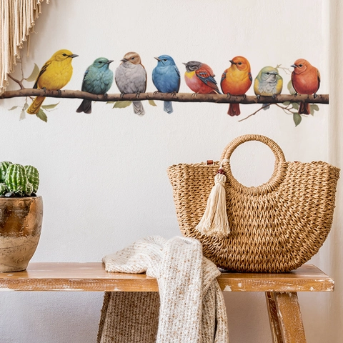 Colorful Birds On Tree Branches Wall Sticker PVC Removable Self-Adhesive Wall Decal For Living Room Bedroom Home Decor Mural