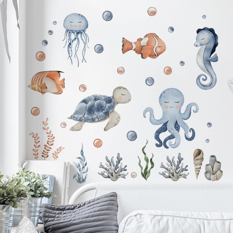 Stickers Muraux Animaux Marins Aquarelle Monde Océanique Décalcomanies PVC Amovibles pour Décoration Chambre Enfant Poulpe