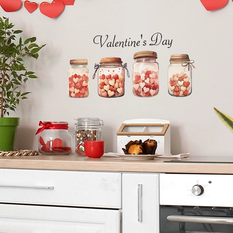 Pegatina de Pared San Valentín Patrón Tarro Mason Corazón Rosa PVC Removible Decoración Hogar Festiva para Dormitorio Sala Cocina