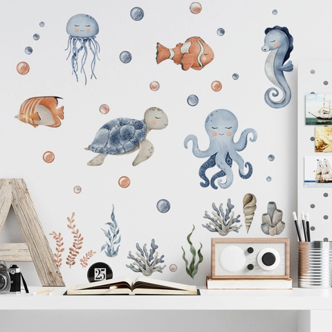 Stickers Muraux Animaux Marins Aquarelle Monde Océanique Décalcomanies PVC Amovibles pour Décoration Chambre Enfant Poulpe