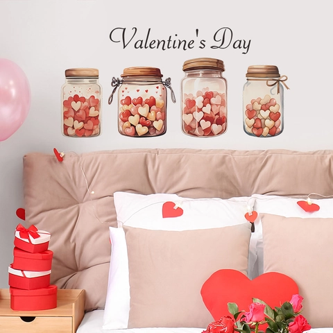 Pegatina de Pared San Valentín Patrón Tarro Mason Corazón Rosa PVC Removible Decoración Hogar Festiva para Dormitorio Sala Cocina