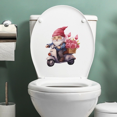 Valentijnsdag Gnoom Roos Toiletsticker Waterdicht PVC Cartoon Gnoom Op Scooter Bloem Muursticker Voor Badkamer Home Decor