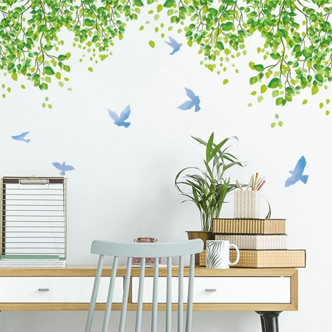 Pegatina de Pared Enredaderas de Plantas Verdes y Pájaros Azules Removible DIY PVC Calcomanía para Dormitorio Sala Hogar