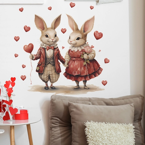 Cartoon Couple Rabbit Heart Balloon Valentine's Day Decorative Wall Sticker Removable PVC Waterproof Home Decor For Bedroom