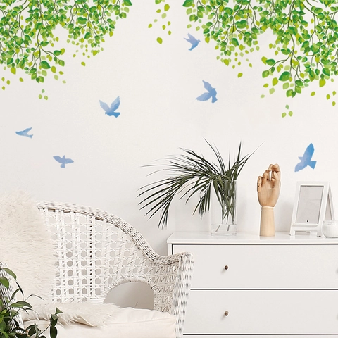 Pegatina de Pared Enredaderas de Plantas Verdes y Pájaros Azules Removible DIY PVC Calcomanía para Dormitorio Sala Hogar