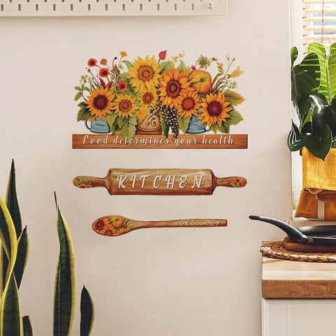 Sunflower Kitchen Wall Stickers PVC Removable Farmhouse Decor Food Quotes Rolling Pin Spoon Pattern Wall Decals For Kitchen Dining Room