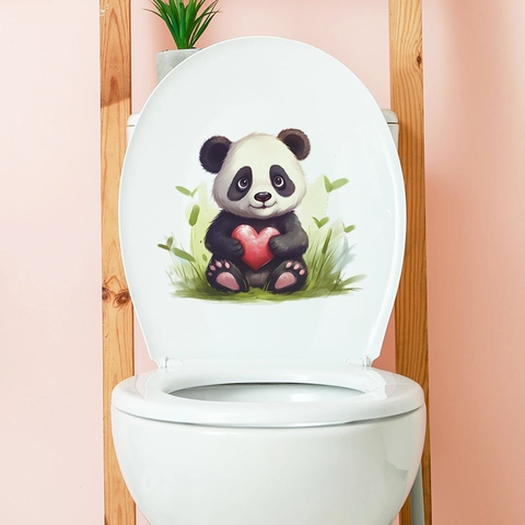 Süßer Cartoon Panda Hält Herz Toilettenaufkleber Wasserdichtes PVC Abnehmbares Badezimmer Wandtattoo Home Decor