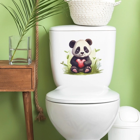Süßer Cartoon Panda Hält Herz Toilettenaufkleber Wasserdichtes PVC Abnehmbares Badezimmer Wandtattoo Home Decor