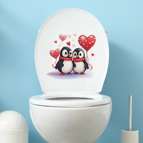 Cartoon Penguin Heart Balloon Toilet Sticker Waterproof PVC Bathroom Decoration Decal For Toilet Lid Wall Home Decor