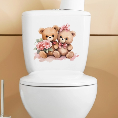Adhesivo de Inodoro Oso de Dibujos Animados Impermeable PVC Pegatina de Pared para Baño Decoración Hogar San Valentín Rosa