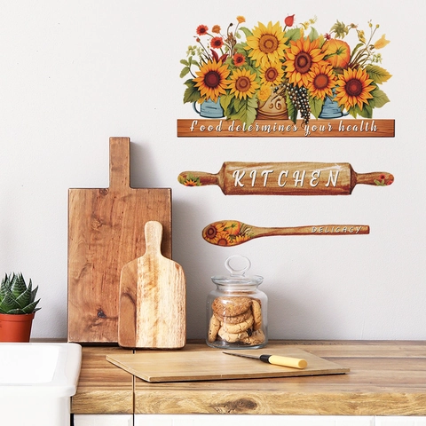 Sunflower Kitchen Wall Stickers PVC Removable Farmhouse Decor Food Quotes Rolling Pin Spoon Pattern Wall Decals For Kitchen Dining Room
