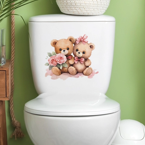 Adhesivo de Inodoro Oso de Dibujos Animados Impermeable PVC Pegatina de Pared para Baño Decoración Hogar San Valentín Rosa