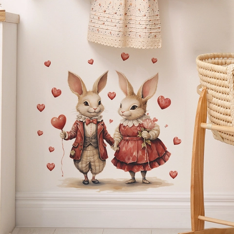 Cartoon Couple Rabbit Heart Balloon Valentine's Day Decorative Wall Sticker Removable PVC Waterproof Home Decor For Bedroom